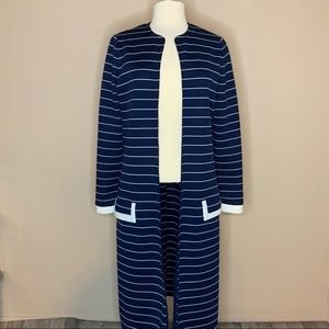 Dalton | Long Open Front Navy Blue Striped Jacket